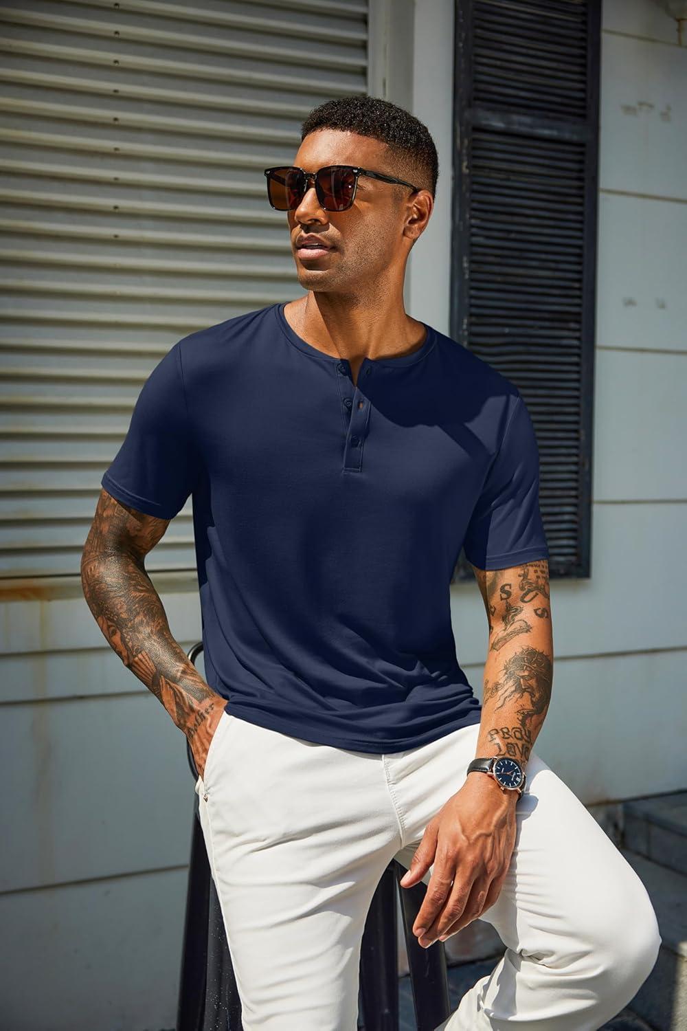 imageCOOFANDY Mens Henley Shirts Short Sleeve Casual Summer Basic T Shirt Soild Button Tee TopB2 Pack Navy BlueKhaki