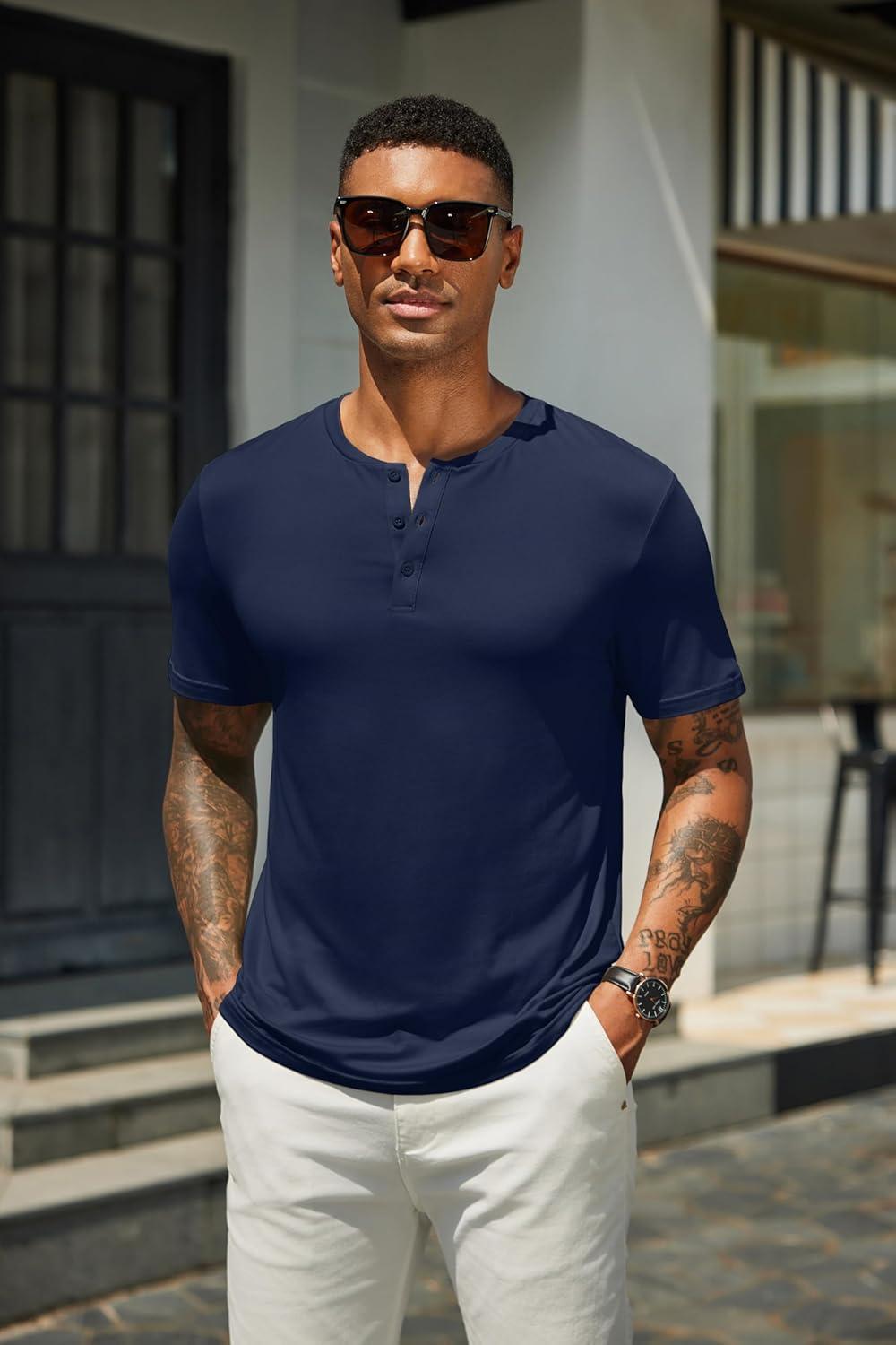 imageCOOFANDY Mens Henley Shirts Short Sleeve Casual Summer Basic T Shirt Soild Button Tee TopB2 Pack Navy BlueKhaki