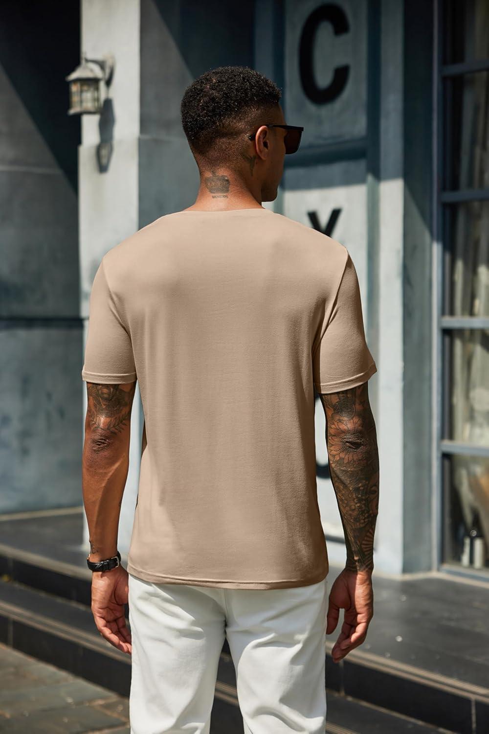 imageCOOFANDY Mens Henley Shirts Short Sleeve Casual Summer Basic T Shirt Soild Button Tee TopB2 Pack Navy BlueKhaki