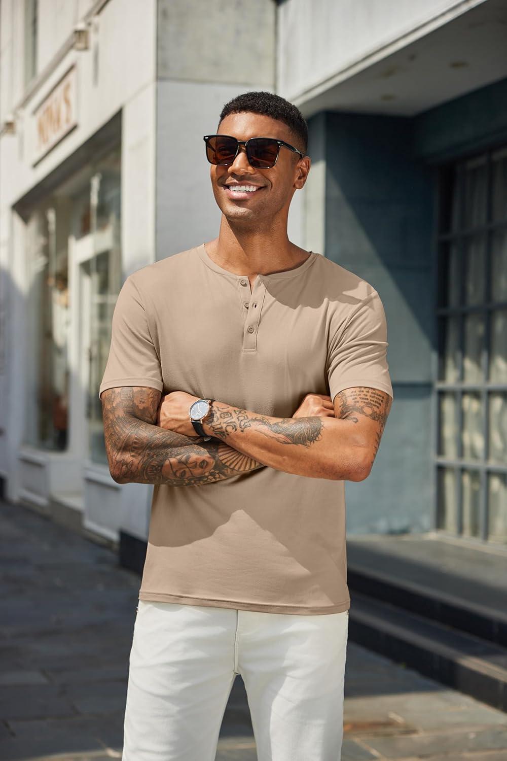 imageCOOFANDY Mens Henley Shirts Short Sleeve Casual Summer Basic T Shirt Soild Button Tee TopB2 Pack Navy BlueKhaki