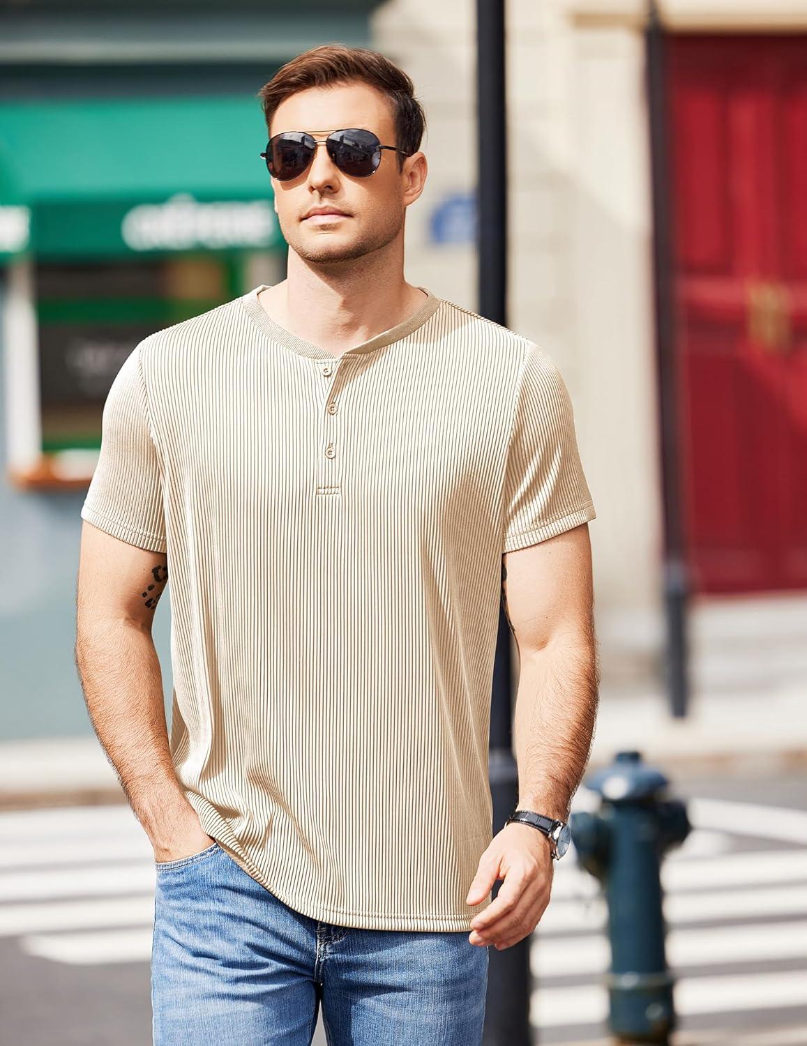 imageCOOFANDY Mens Henley Shirts Short Sleeve Casual Tee Summer Button Henley Soild T ShirtsBeige
