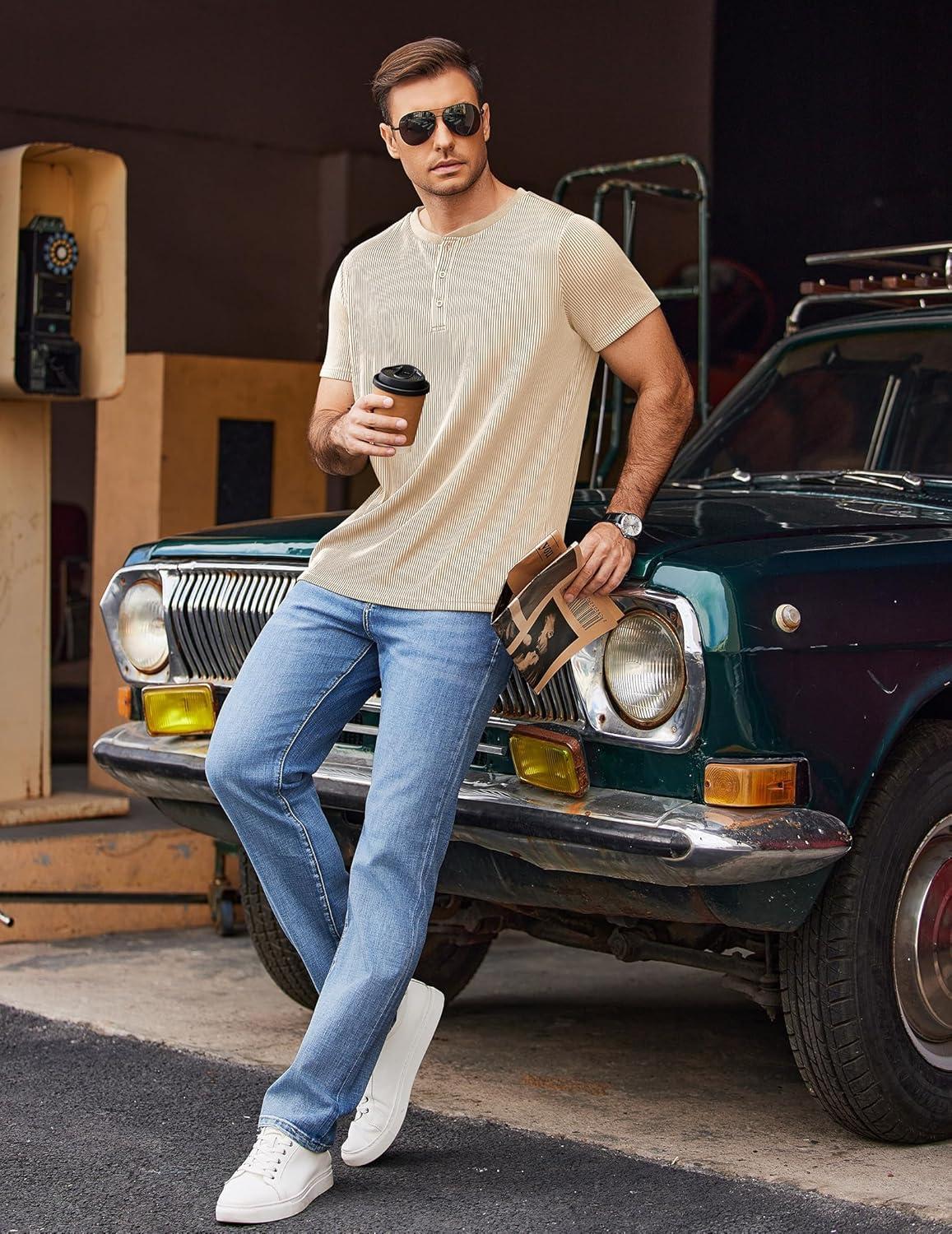 imageCOOFANDY Mens Henley Shirts Short Sleeve Casual Tee Summer Button Henley Soild T ShirtsBeige