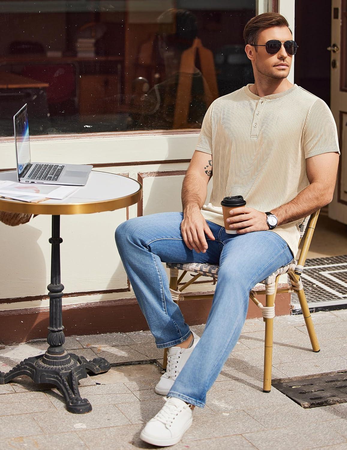 imageCOOFANDY Mens Henley Shirts Short Sleeve Casual Tee Summer Button Henley Soild T ShirtsBeige