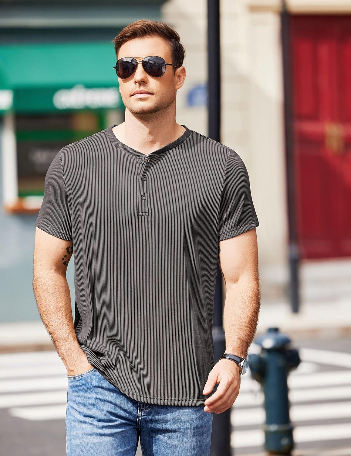 imageCOOFANDY Mens Henley Shirts Short Sleeve Casual Tee Summer Button Henley Soild T ShirtsDark Grey