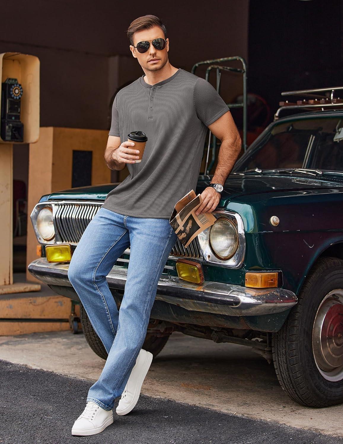 imageCOOFANDY Mens Henley Shirts Short Sleeve Casual Tee Summer Button Henley Soild T ShirtsDark Grey