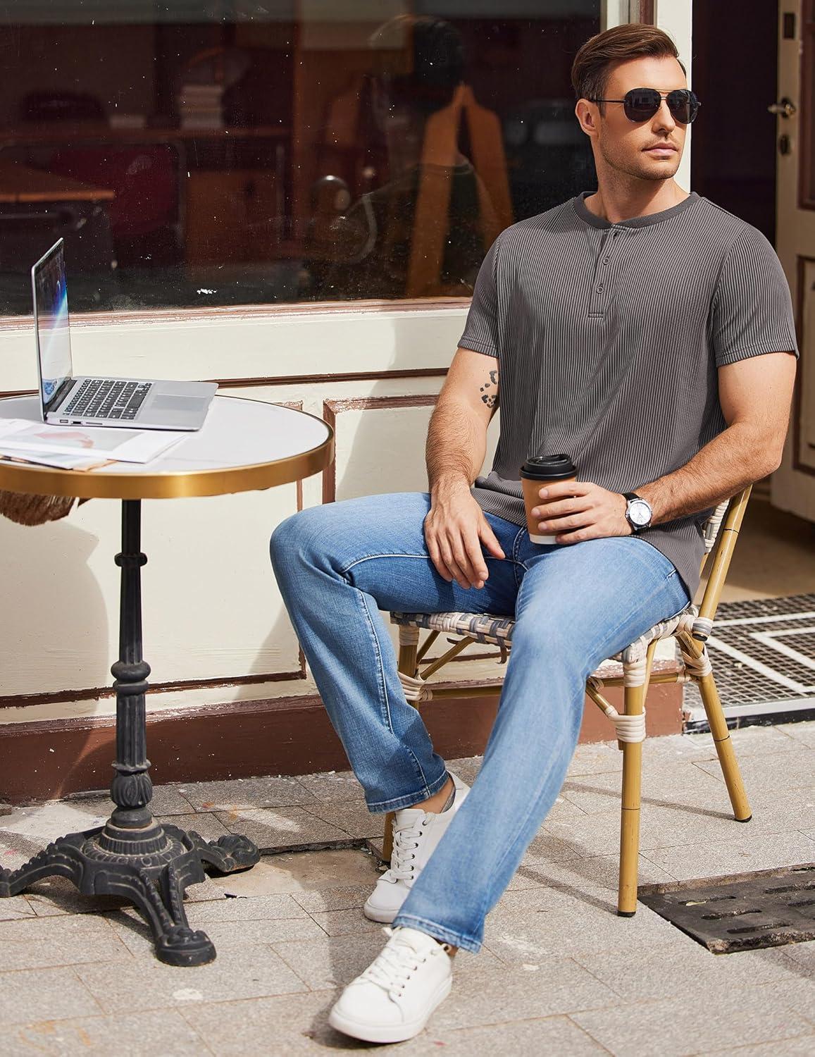 imageCOOFANDY Mens Henley Shirts Short Sleeve Casual Tee Summer Button Henley Soild T ShirtsDark Grey