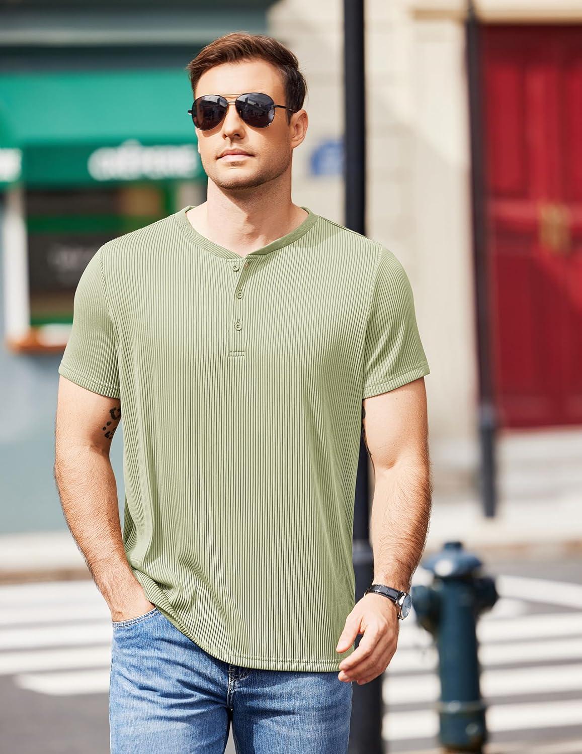 imageCOOFANDY Mens Henley Shirts Short Sleeve Casual Tee Summer Button Henley Soild T ShirtsLight Green