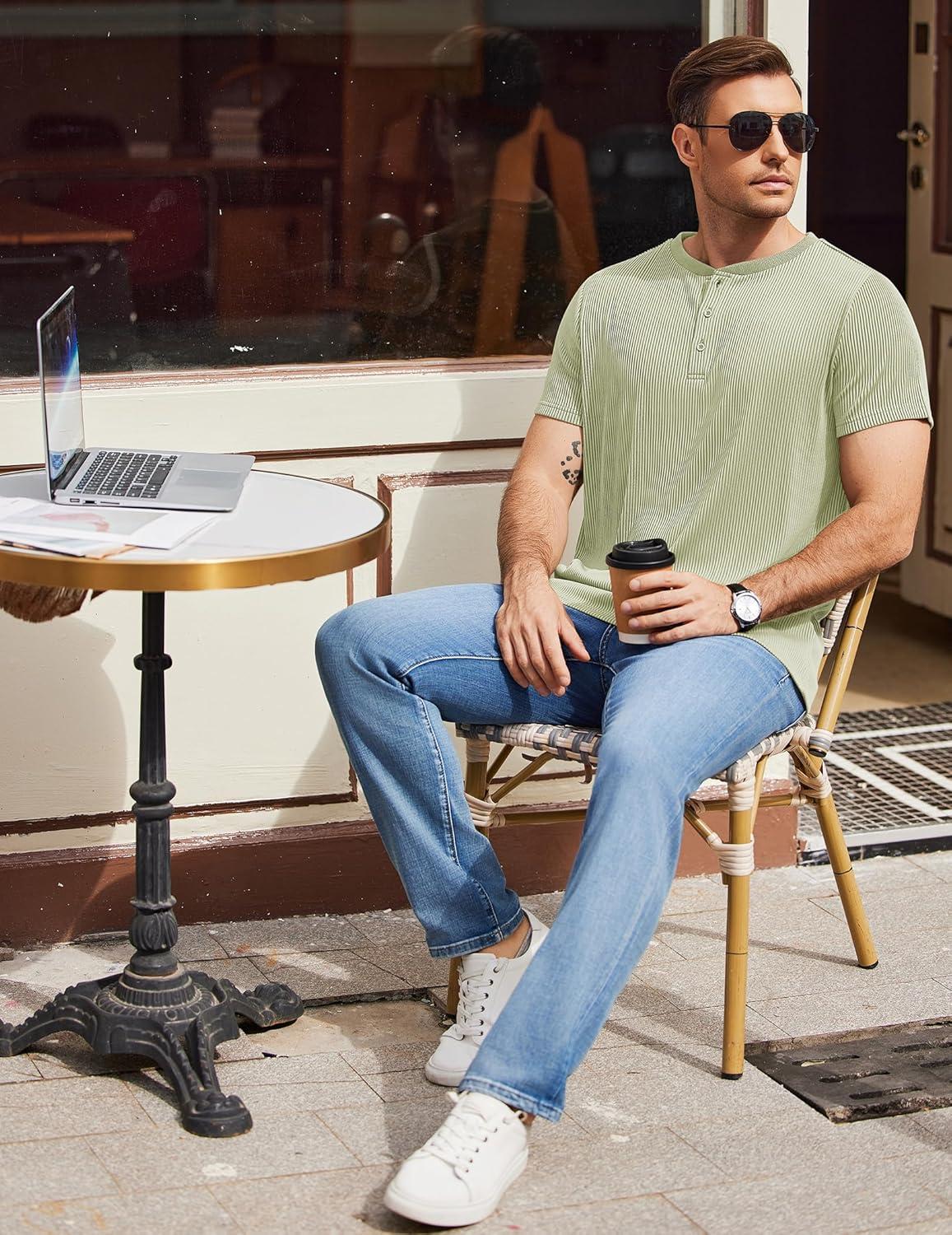 imageCOOFANDY Mens Henley Shirts Short Sleeve Casual Tee Summer Button Henley Soild T ShirtsLight Green