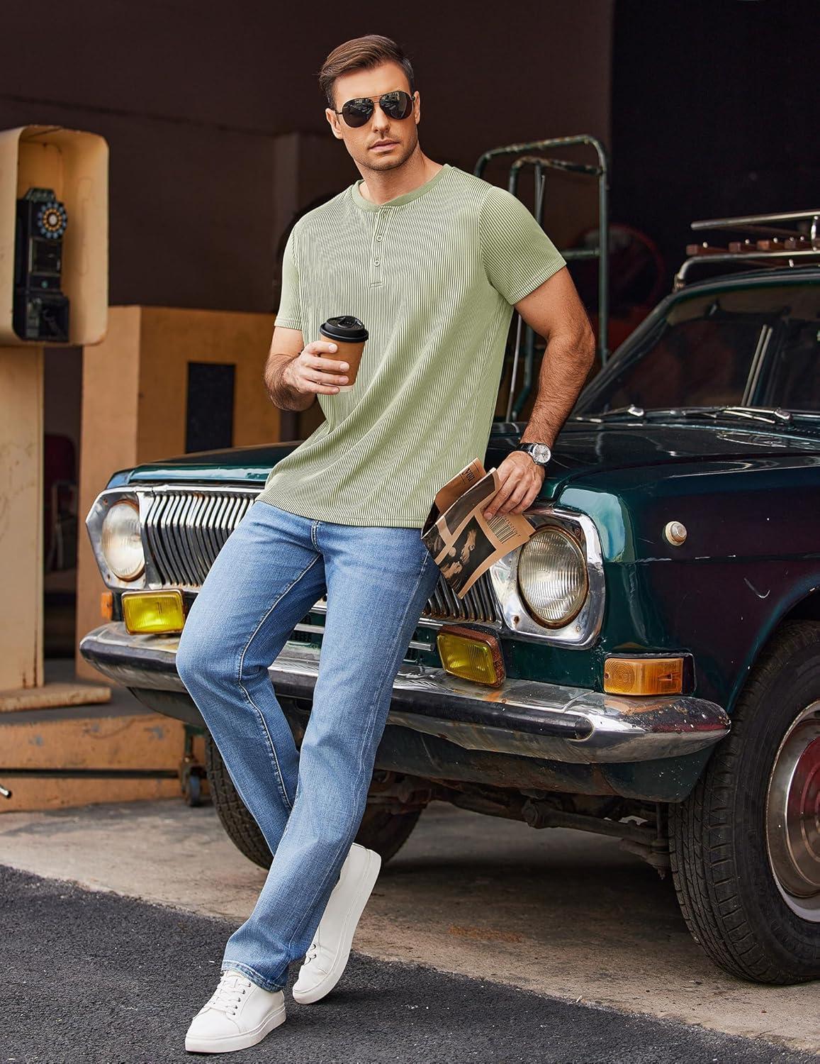 imageCOOFANDY Mens Henley Shirts Short Sleeve Casual Tee Summer Button Henley Soild T ShirtsLight Green