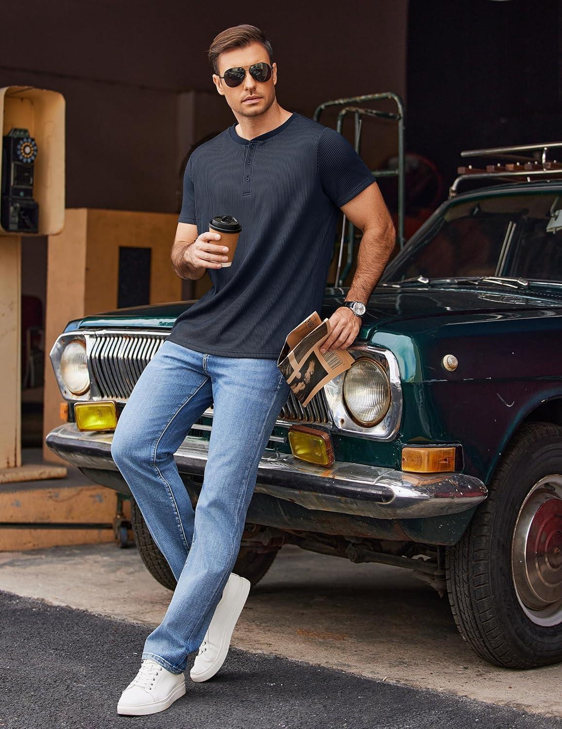 imageCOOFANDY Mens Henley Shirts Short Sleeve Casual Tee Summer Button Henley Soild T ShirtsNavy Blue