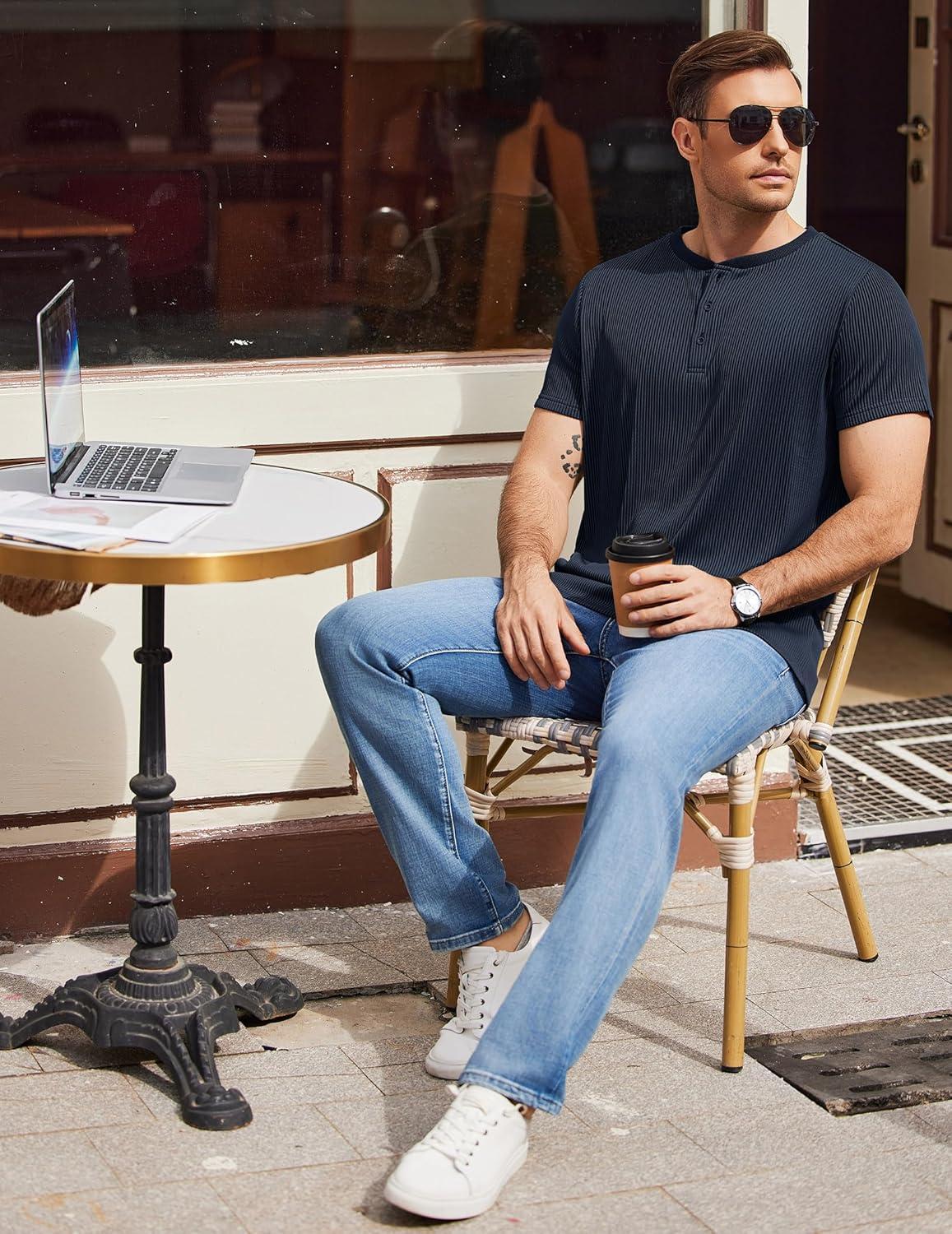 imageCOOFANDY Mens Henley Shirts Short Sleeve Casual Tee Summer Button Henley Soild T ShirtsNavy Blue