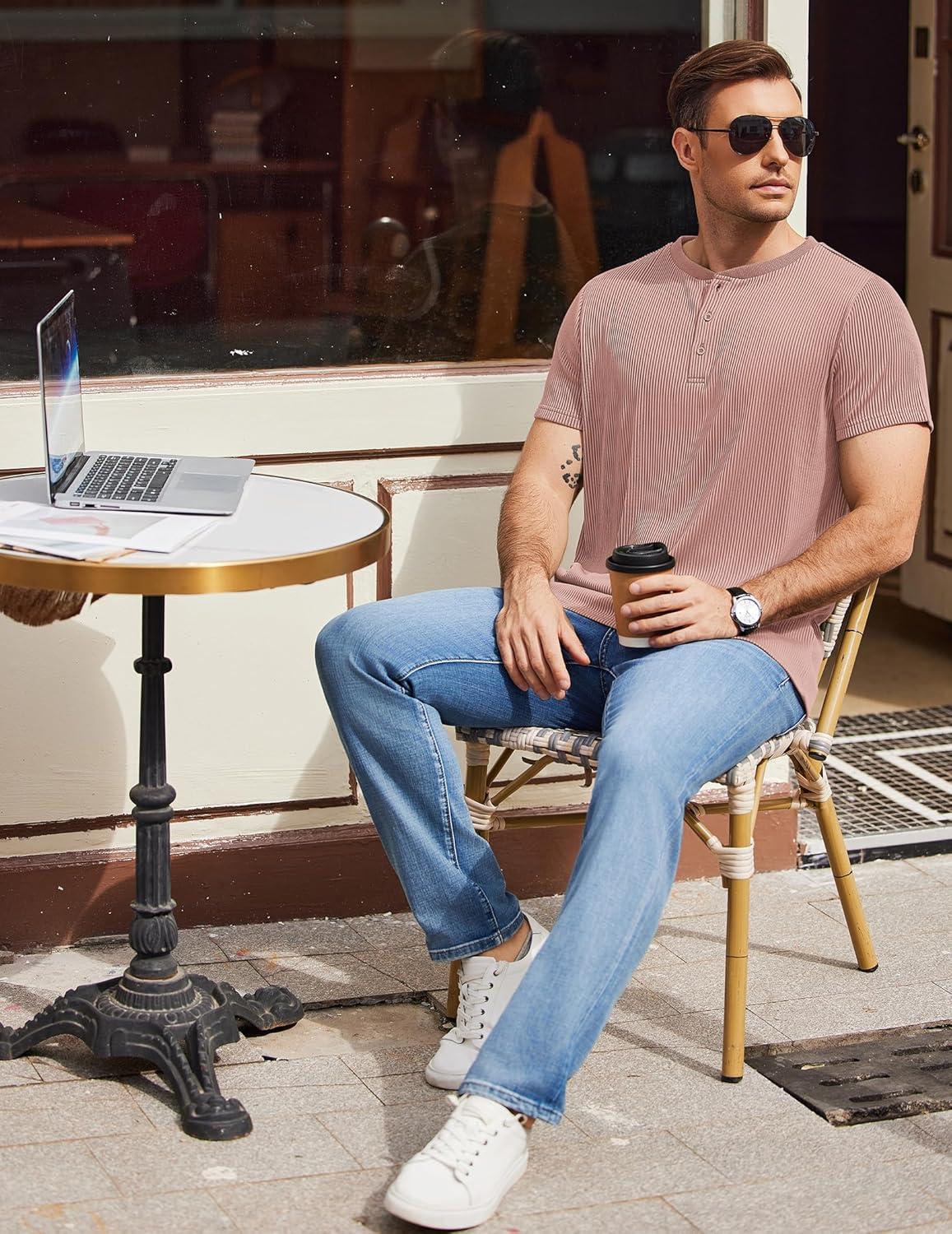 imageCOOFANDY Mens Henley Shirts Short Sleeve Casual Tee Summer Button Henley Soild T ShirtsPink