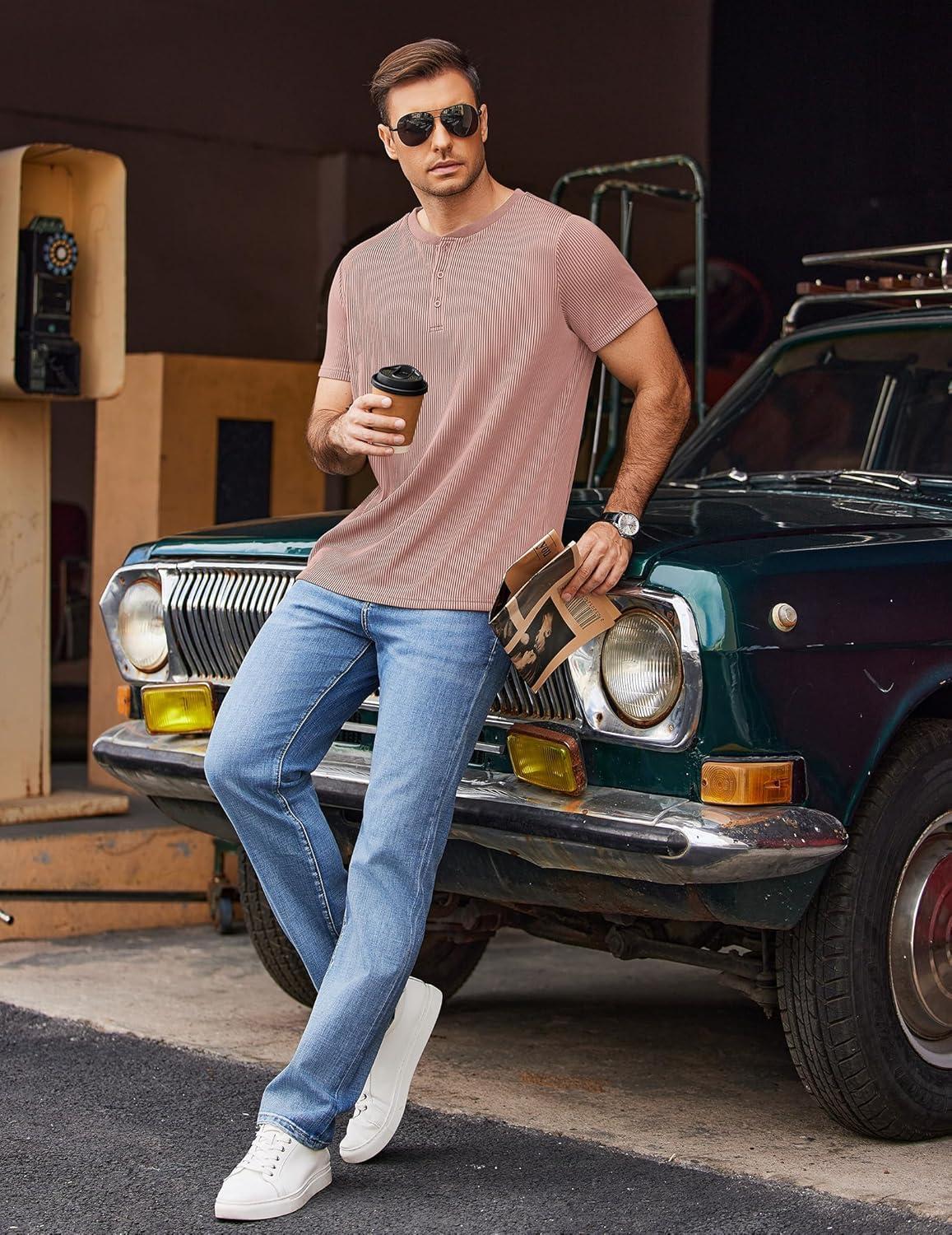 imageCOOFANDY Mens Henley Shirts Short Sleeve Casual Tee Summer Button Henley Soild T ShirtsPink