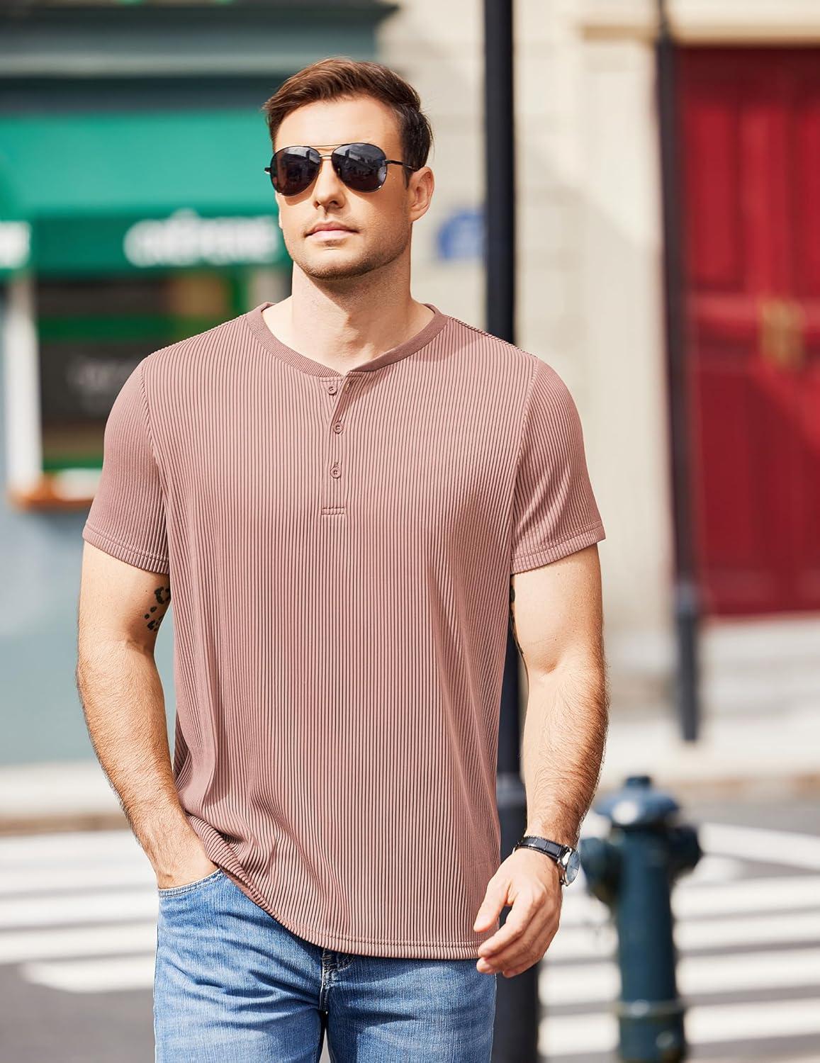 imageCOOFANDY Mens Henley Shirts Short Sleeve Casual Tee Summer Button Henley Soild T ShirtsPink