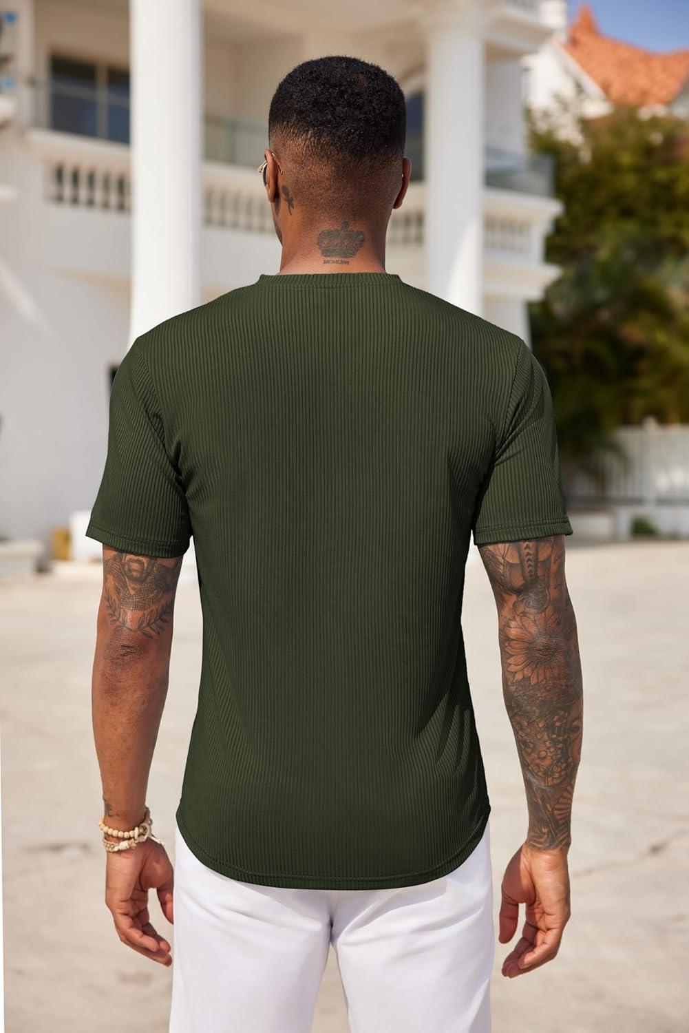 imageCOOFANDY Mens Henley Shirts Short Sleeve Tshirt Basic Button Tees Summer Ribbed Pocket T Shirt Casual Stretch TopsArmy Green