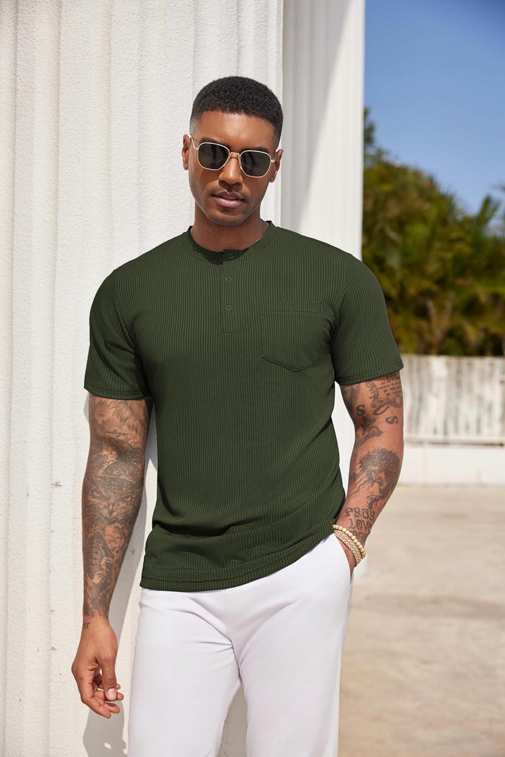 imageCOOFANDY Mens Henley Shirts Short Sleeve Tshirt Basic Button Tees Summer Ribbed Pocket T Shirt Casual Stretch TopsArmy Green