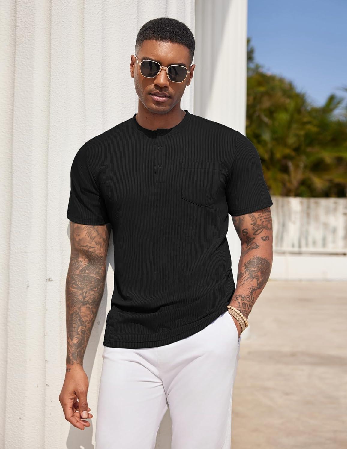 imageCOOFANDY Mens Henley Shirts Short Sleeve Tshirt Basic Button Tees Summer Ribbed Pocket T Shirt Casual Stretch TopsBlack