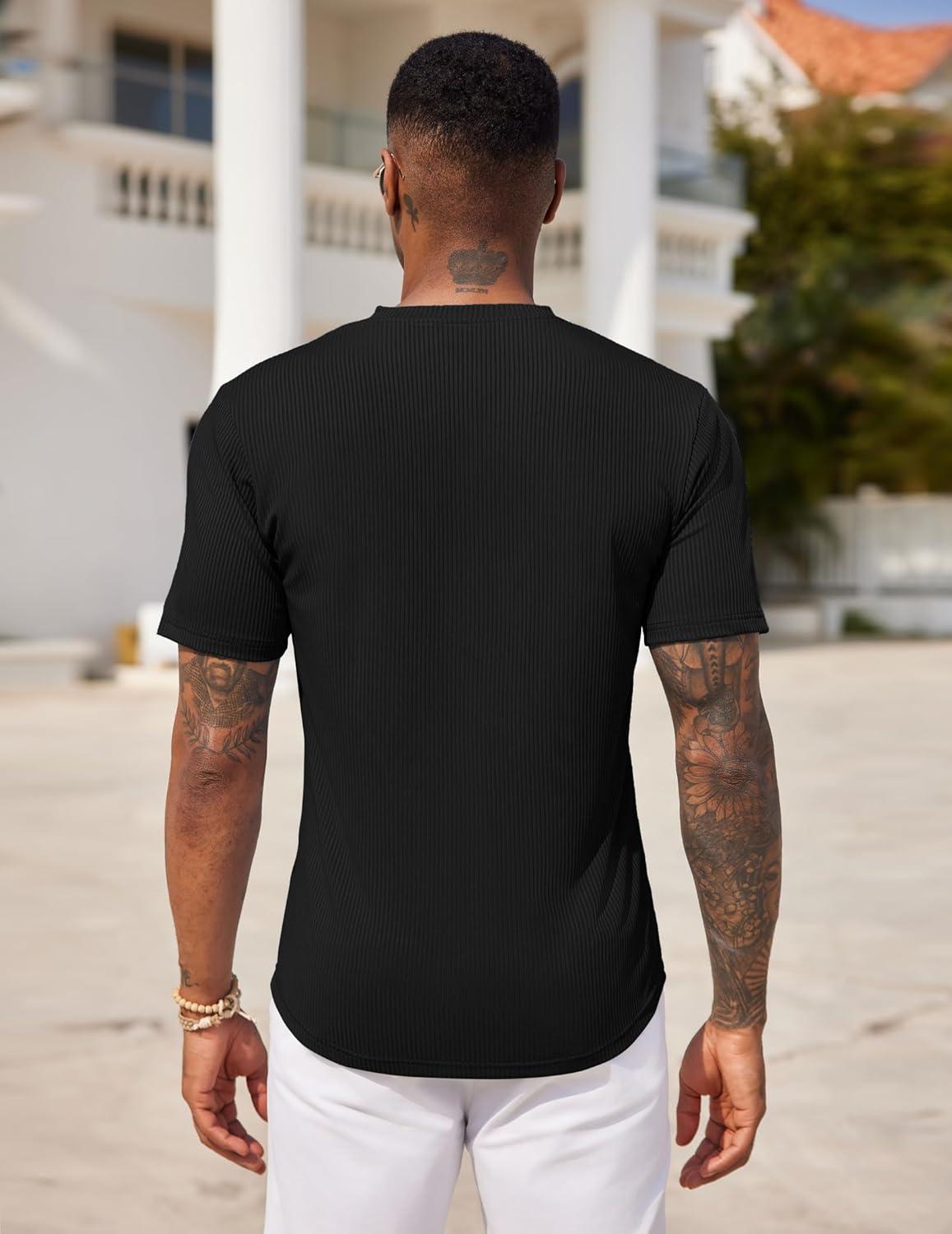 imageCOOFANDY Mens Henley Shirts Short Sleeve Tshirt Basic Button Tees Summer Ribbed Pocket T Shirt Casual Stretch TopsBlack