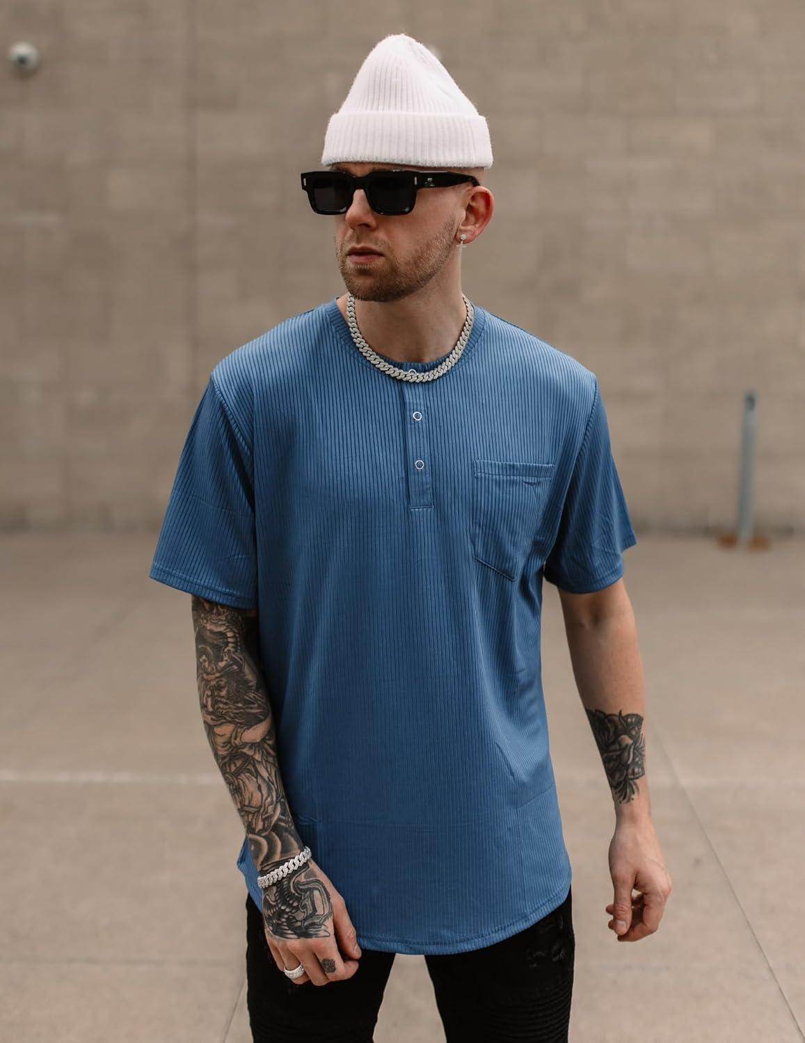 imageCOOFANDY Mens Henley Shirts Short Sleeve Tshirt Basic Button Tees Summer Ribbed Pocket T Shirt Casual Stretch TopsBlue