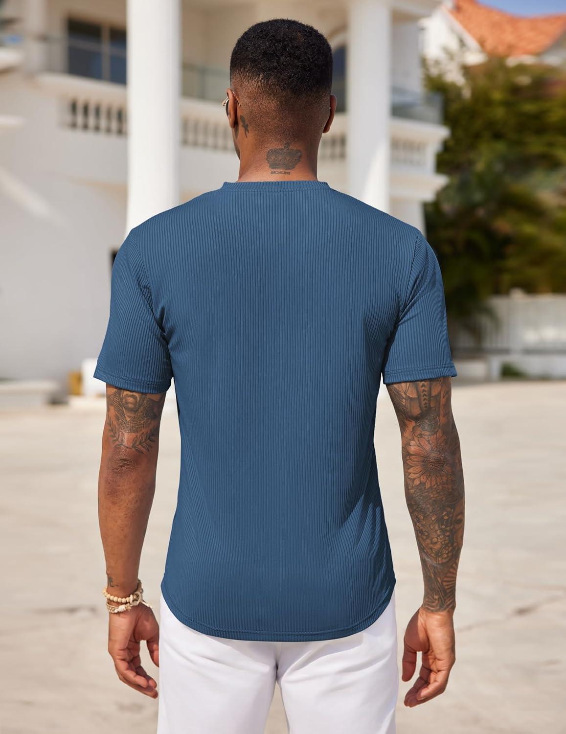 imageCOOFANDY Mens Henley Shirts Short Sleeve Tshirt Basic Button Tees Summer Ribbed Pocket T Shirt Casual Stretch TopsBlue