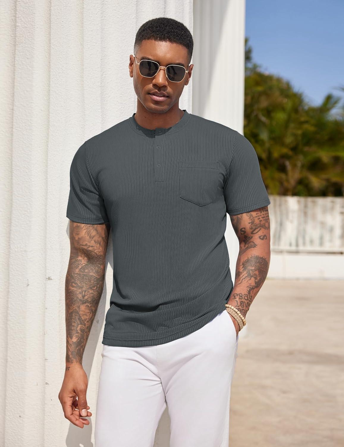 imageCOOFANDY Mens Henley Shirts Short Sleeve Tshirt Basic Button Tees Summer Ribbed Pocket T Shirt Casual Stretch TopsDark Grey