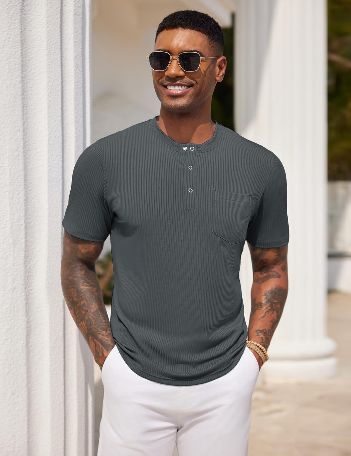 imageCOOFANDY Mens Henley Shirts Short Sleeve Tshirt Basic Button Tees Summer Ribbed Pocket T Shirt Casual Stretch TopsDark Grey