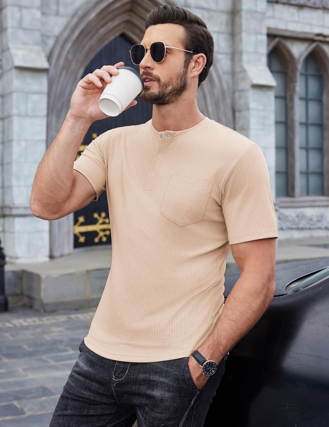 imageCOOFANDY Mens Henley Shirts Short Sleeve Tshirt Basic Button Tees Summer Ribbed Pocket T Shirt Casual Stretch TopsKhaki