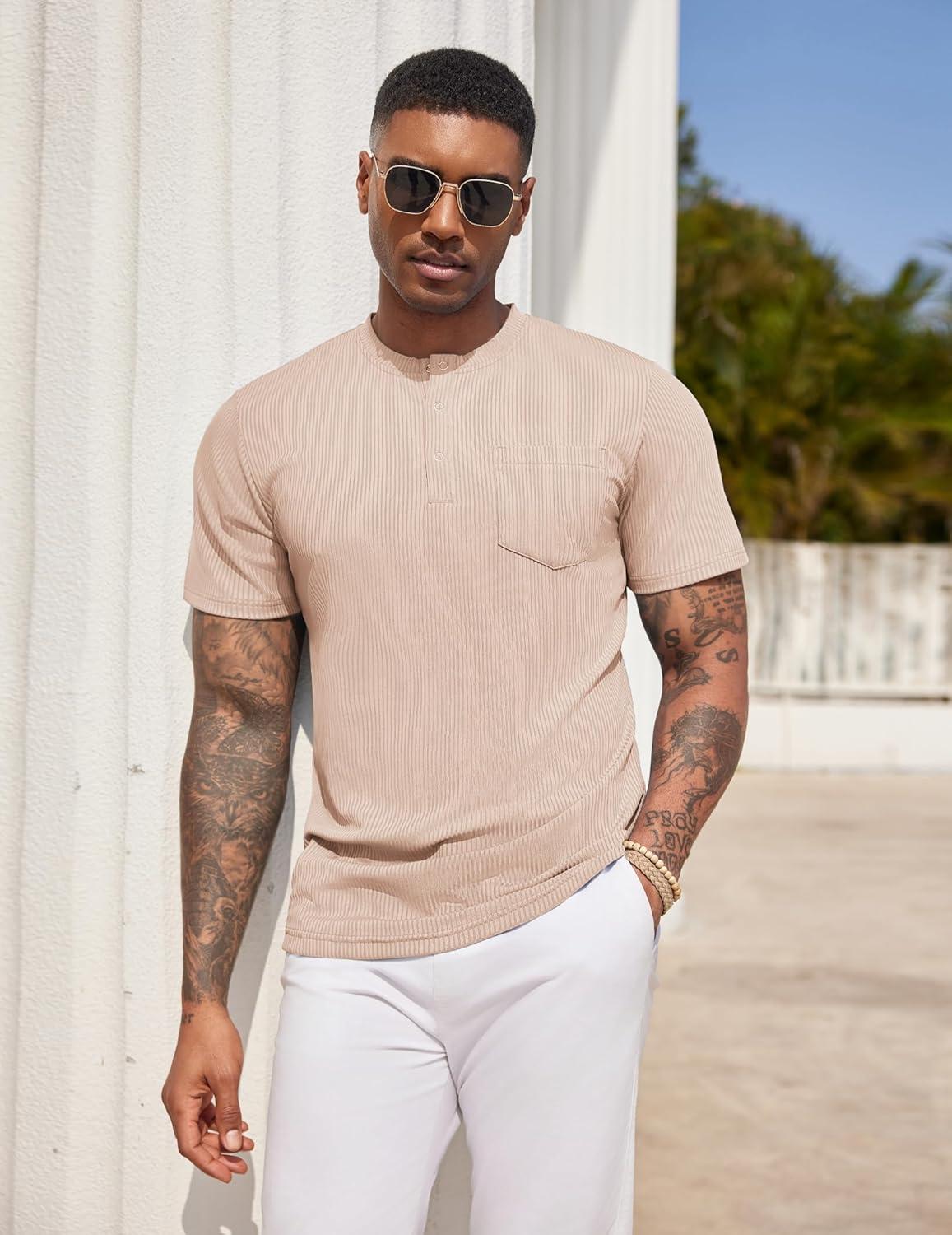imageCOOFANDY Mens Henley Shirts Short Sleeve Tshirt Basic Button Tees Summer Ribbed Pocket T Shirt Casual Stretch TopsKhaki