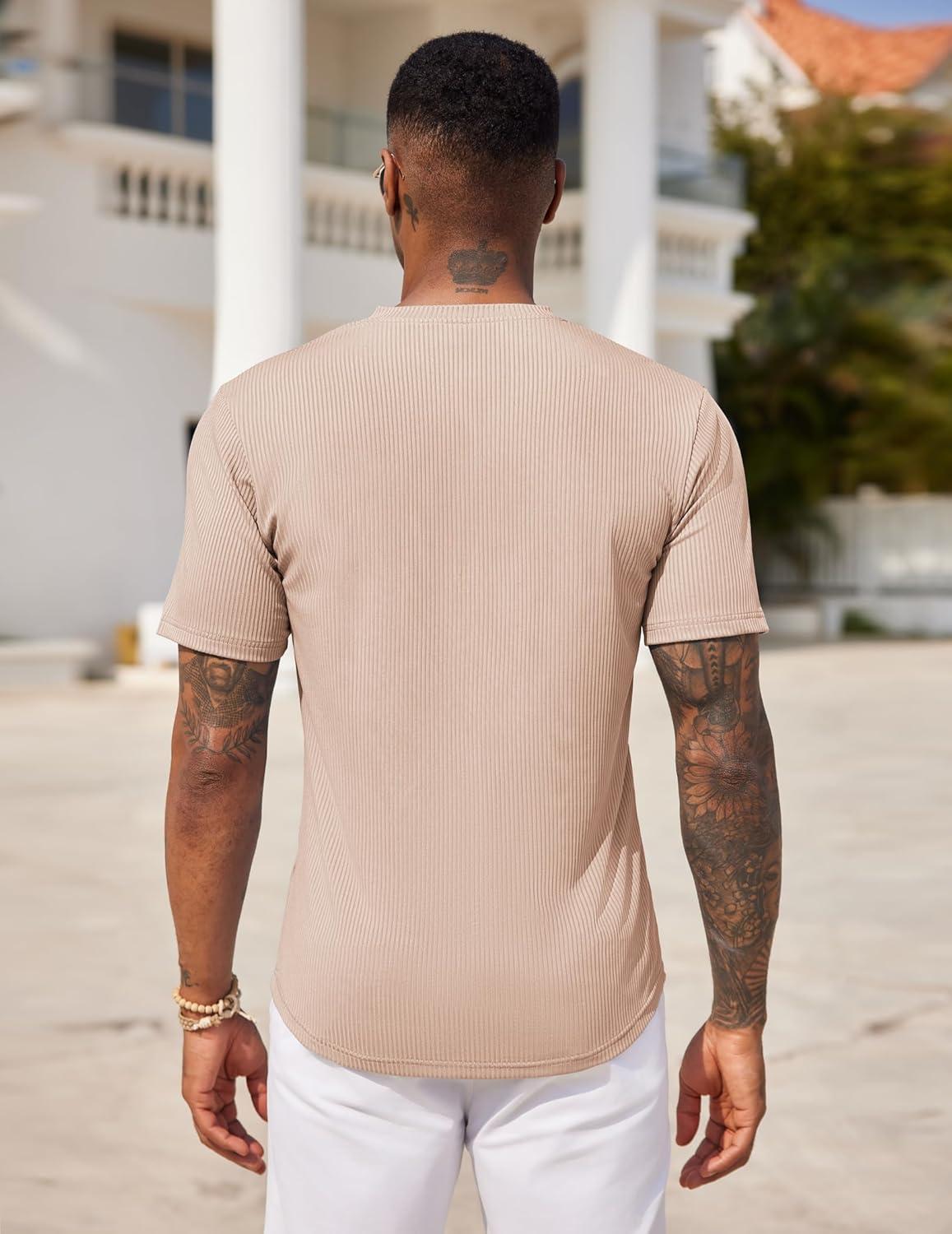 imageCOOFANDY Mens Henley Shirts Short Sleeve Tshirt Basic Button Tees Summer Ribbed Pocket T Shirt Casual Stretch TopsKhaki