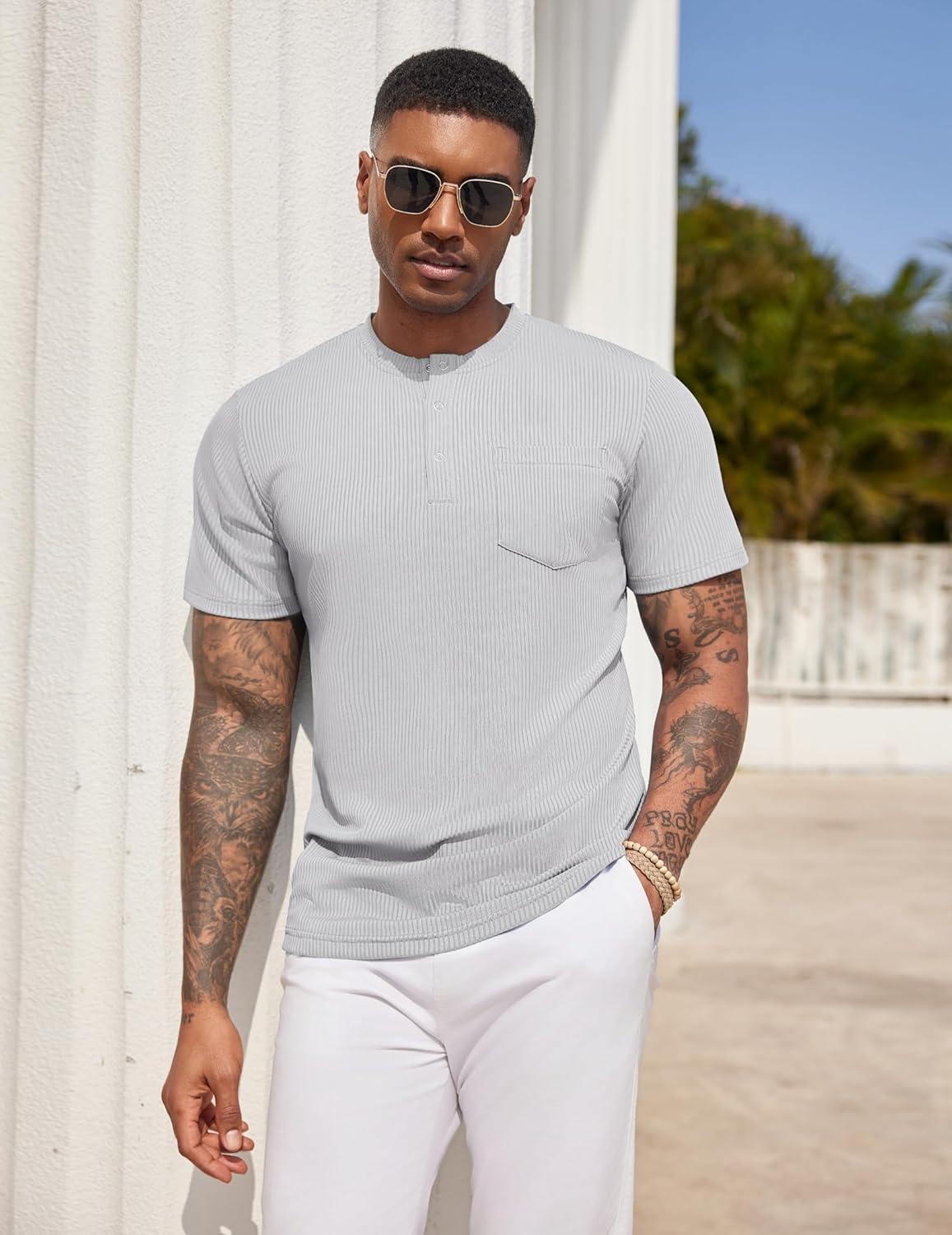 imageCOOFANDY Mens Henley Shirts Short Sleeve Tshirt Basic Button Tees Summer Ribbed Pocket T Shirt Casual Stretch TopsLight Grey