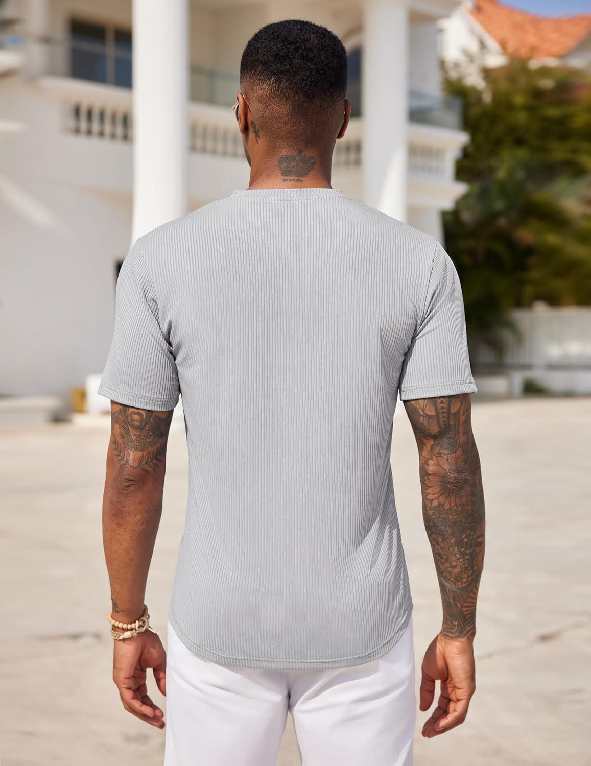 imageCOOFANDY Mens Henley Shirts Short Sleeve Tshirt Basic Button Tees Summer Ribbed Pocket T Shirt Casual Stretch TopsLight Grey