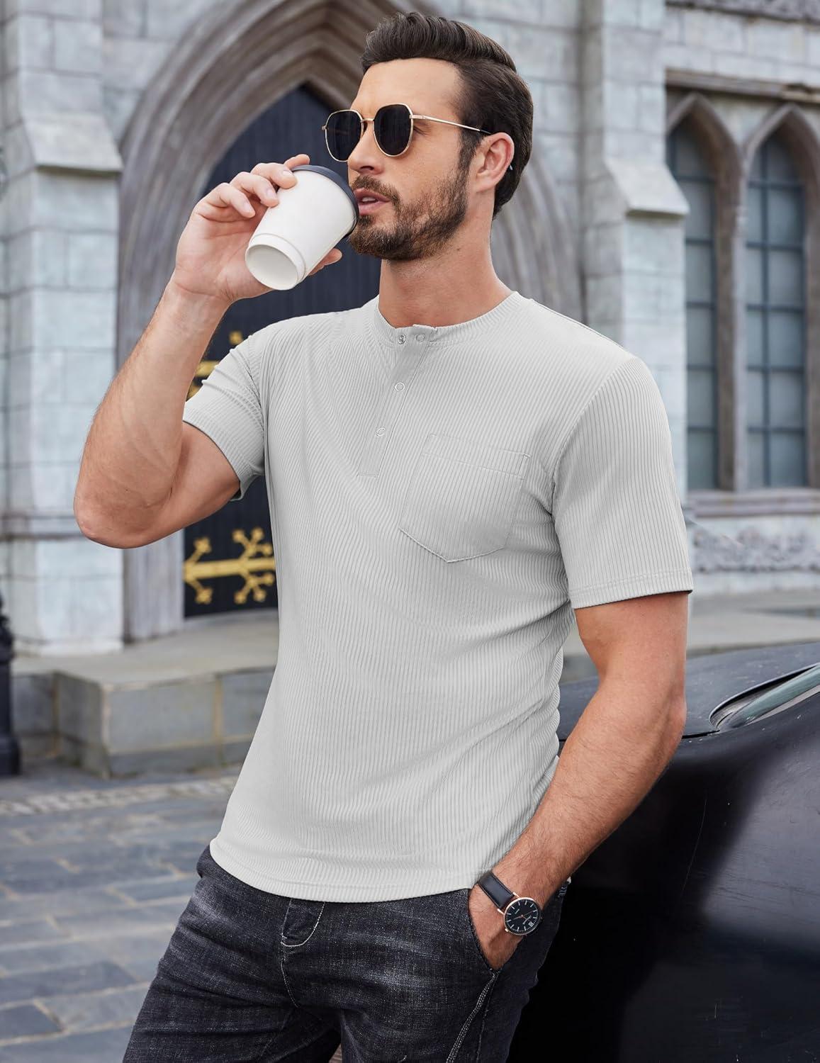 imageCOOFANDY Mens Henley Shirts Short Sleeve Tshirt Basic Button Tees Summer Ribbed Pocket T Shirt Casual Stretch TopsLight Grey