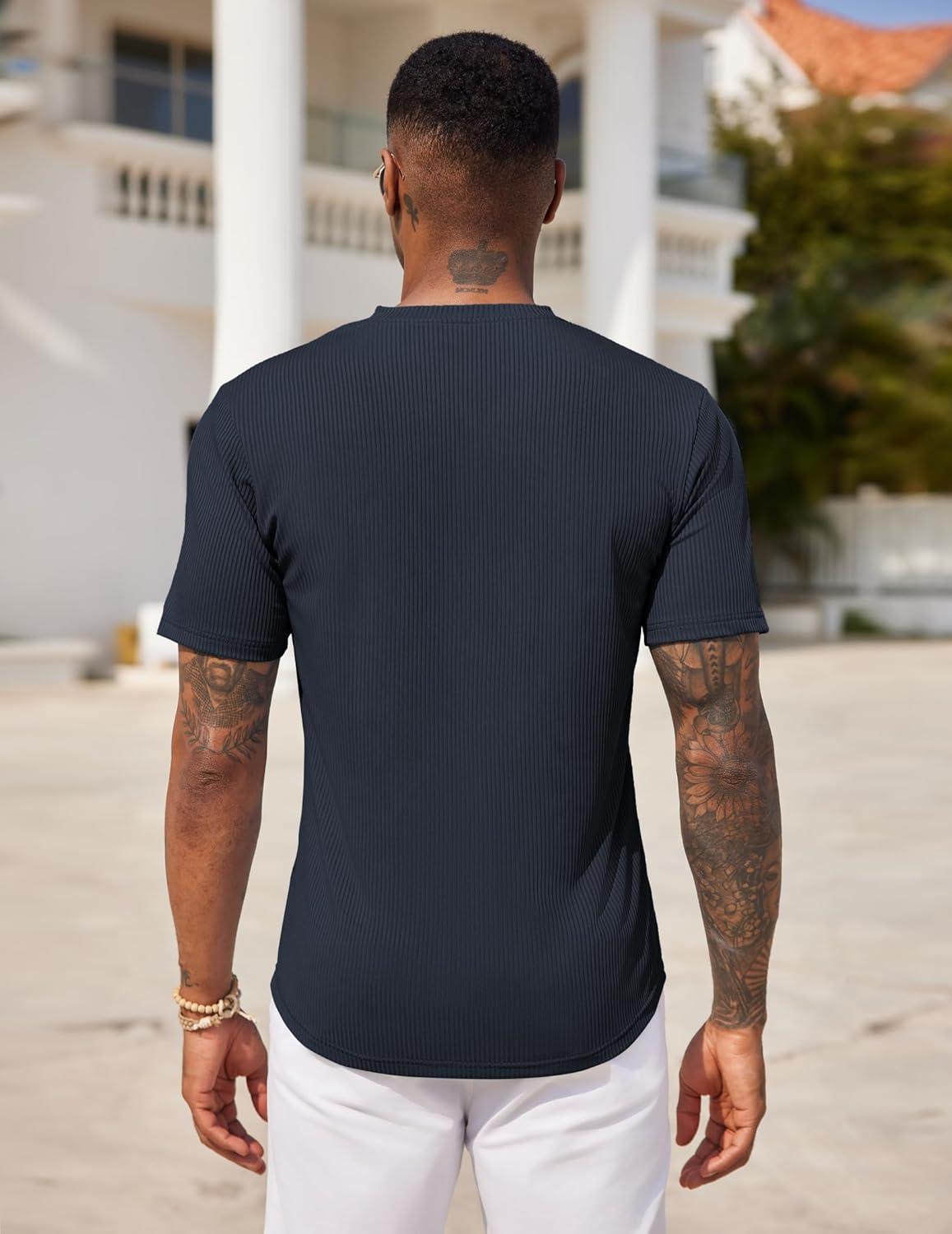 imageCOOFANDY Mens Henley Shirts Short Sleeve Tshirt Basic Button Tees Summer Ribbed Pocket T Shirt Casual Stretch TopsNavy Blue