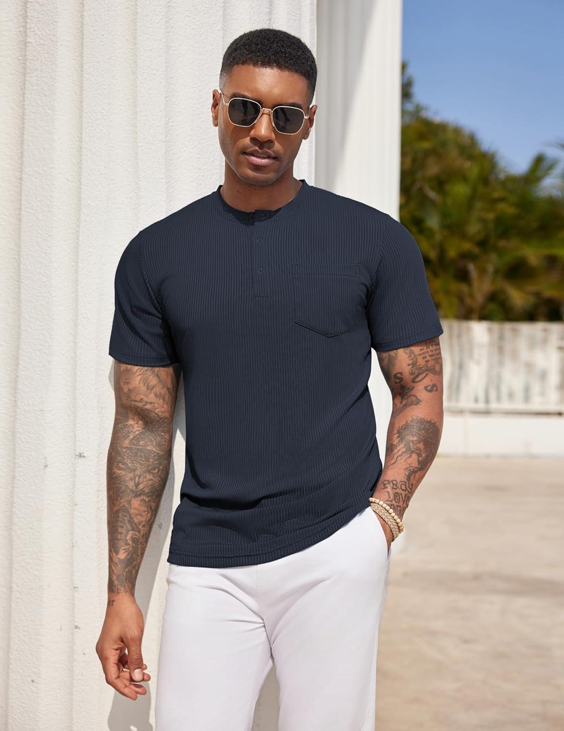 imageCOOFANDY Mens Henley Shirts Short Sleeve Tshirt Basic Button Tees Summer Ribbed Pocket T Shirt Casual Stretch TopsNavy Blue