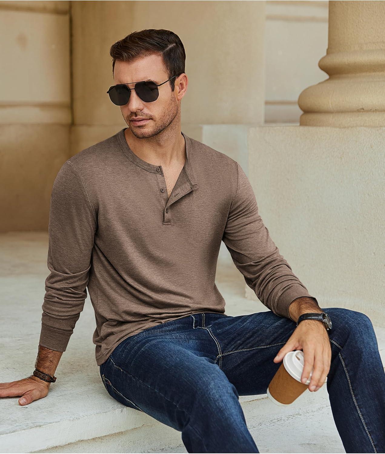 imageCOOFANDY Mens Henley TShirt Long Sleeve Casual Lightweight Pullover Shirts Soft Stretch Basic Tees Fall TopsBrown