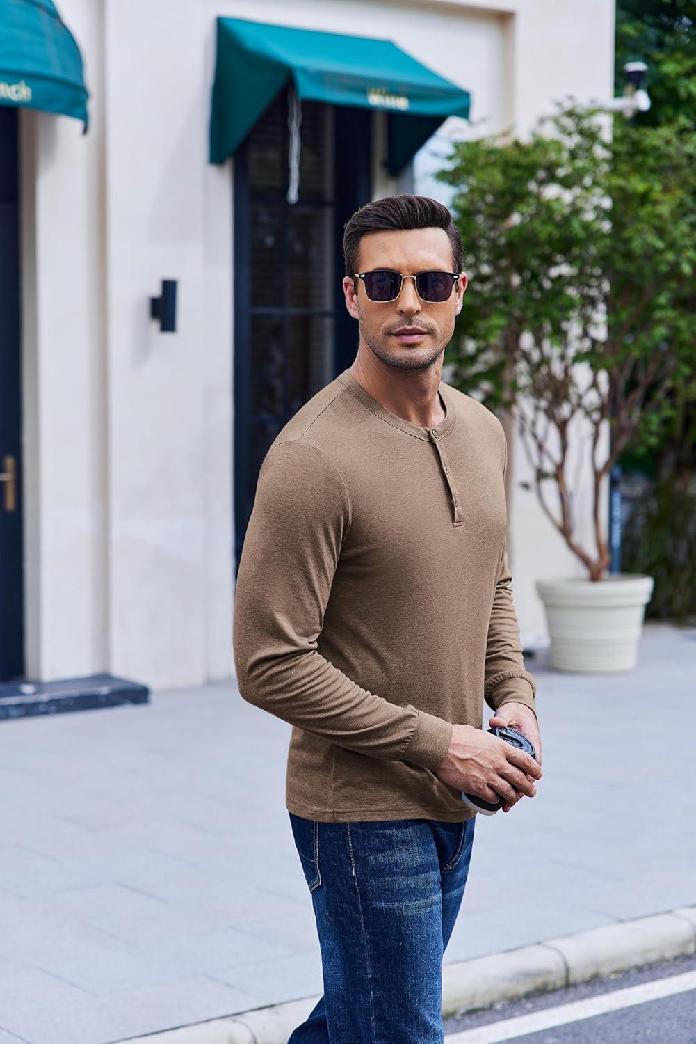 imageCOOFANDY Mens Henley TShirt Long Sleeve Casual Lightweight Pullover Shirts Soft Stretch Basic Tees Fall TopsBrown