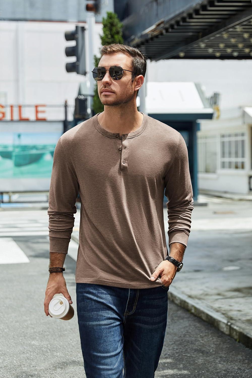 imageCOOFANDY Mens Henley TShirt Long Sleeve Casual Lightweight Pullover Shirts Soft Stretch Basic Tees Fall TopsBrown