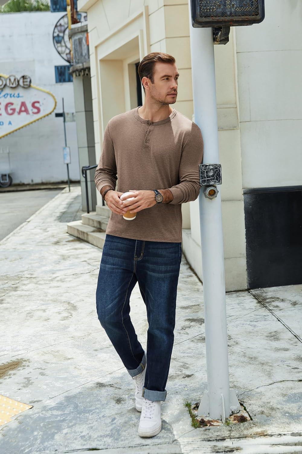 imageCOOFANDY Mens Henley TShirt Long Sleeve Casual Lightweight Pullover Shirts Soft Stretch Basic Tees Fall TopsBrown