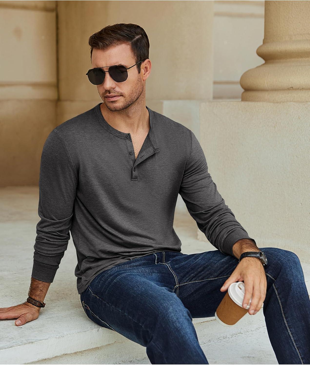 imageCOOFANDY Mens Henley TShirt Long Sleeve Casual Lightweight Pullover Shirts Soft Stretch Basic Tees Fall TopsDark Grey