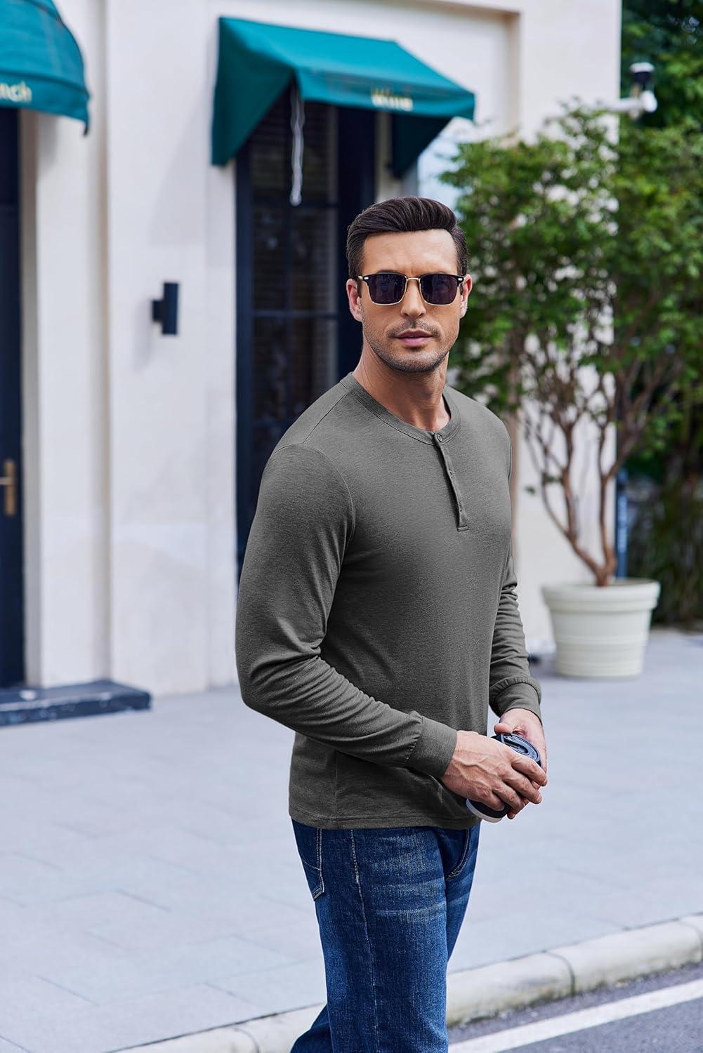 imageCOOFANDY Mens Henley TShirt Long Sleeve Casual Lightweight Pullover Shirts Soft Stretch Basic Tees Fall TopsDark Grey