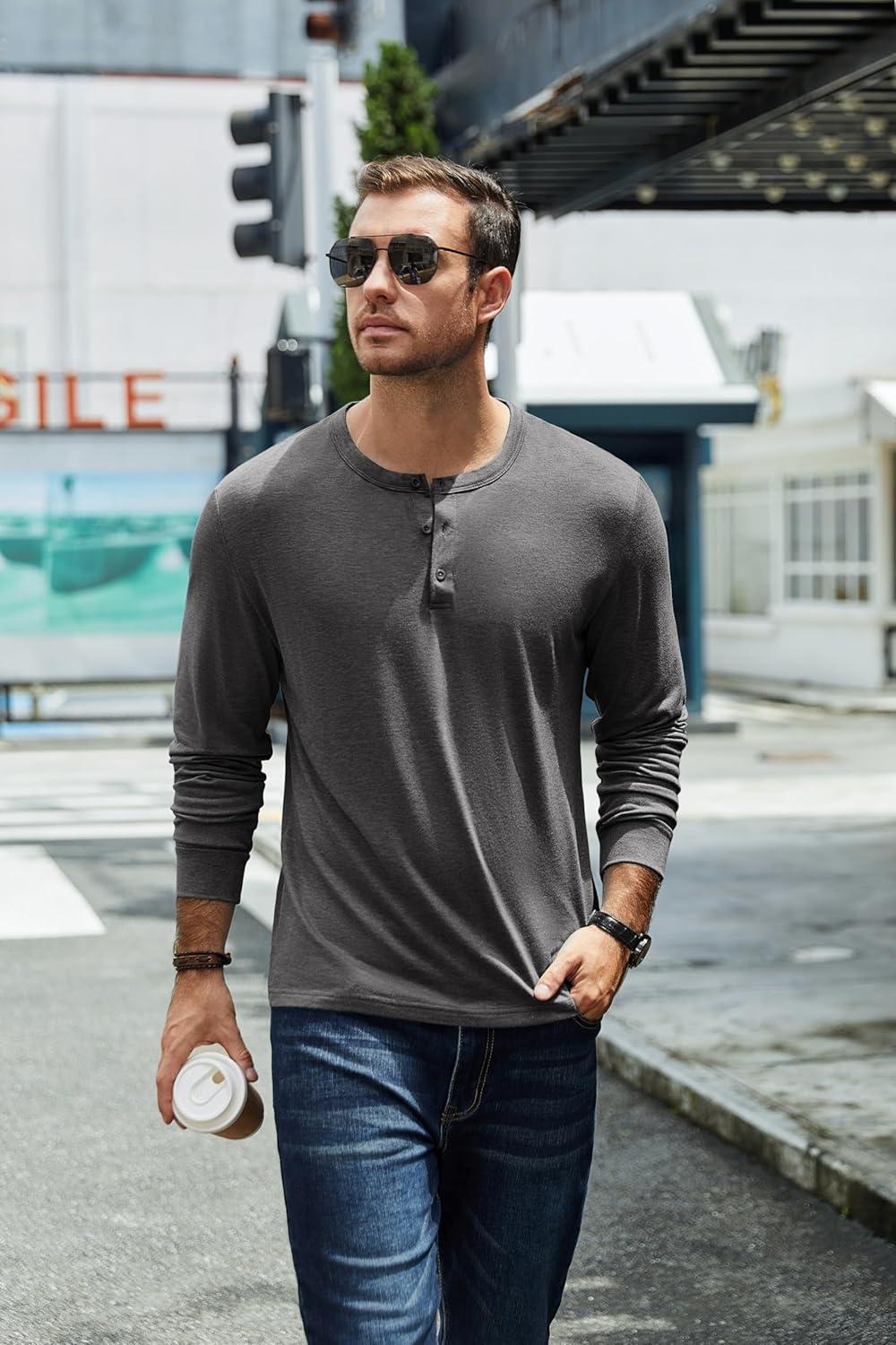 imageCOOFANDY Mens Henley TShirt Long Sleeve Casual Lightweight Pullover Shirts Soft Stretch Basic Tees Fall TopsDark Grey