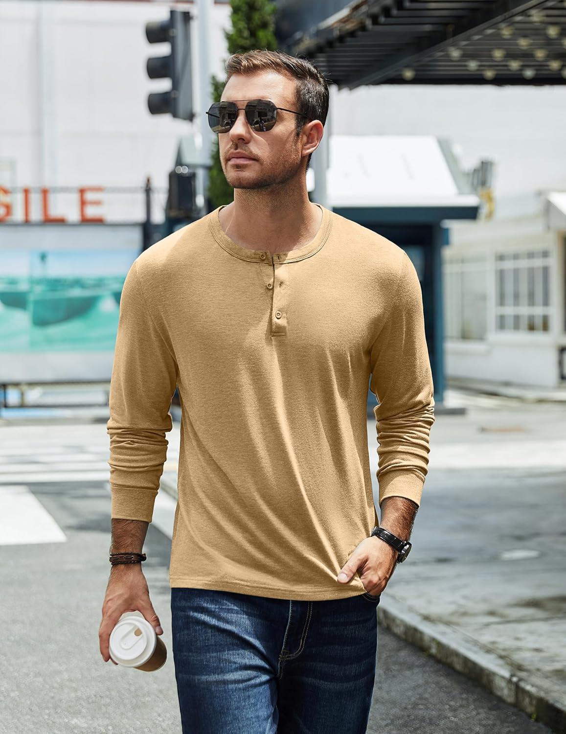 imageCOOFANDY Mens Henley TShirt Long Sleeve Casual Lightweight Pullover Shirts Soft Stretch Basic Tees Fall TopsLight Khaki