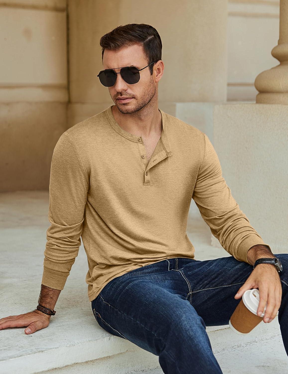 imageCOOFANDY Mens Henley TShirt Long Sleeve Casual Lightweight Pullover Shirts Soft Stretch Basic Tees Fall TopsLight Khaki