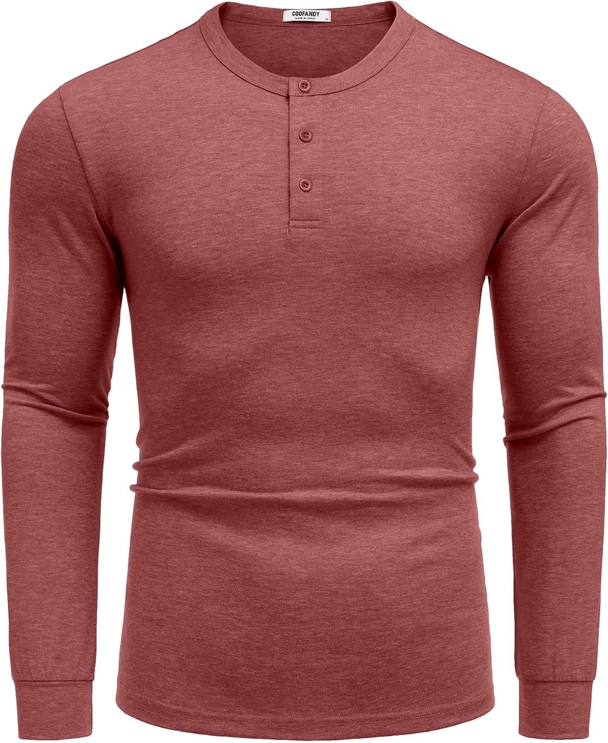 imageCOOFANDY Mens Henley TShirt Long Sleeve Casual Lightweight Pullover Shirts Soft Stretch Basic Tees Fall TopsRed