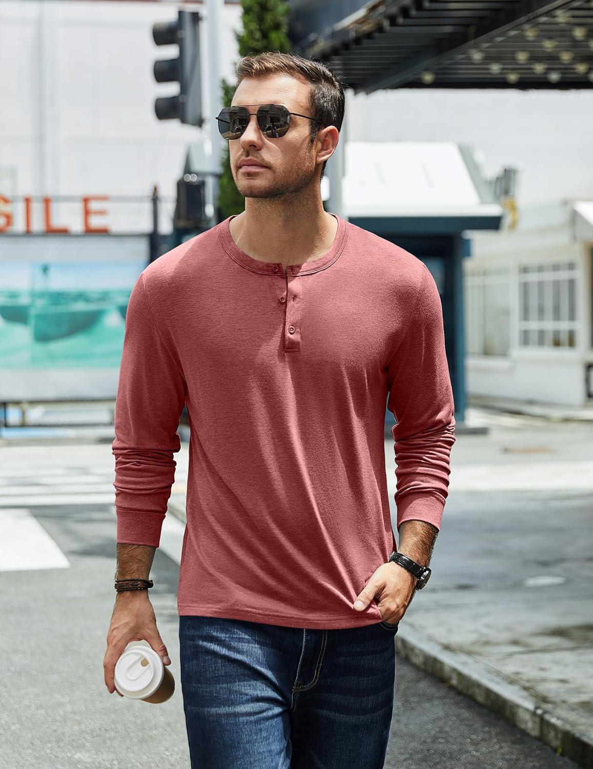imageCOOFANDY Mens Henley TShirt Long Sleeve Casual Lightweight Pullover Shirts Soft Stretch Basic Tees Fall TopsRed