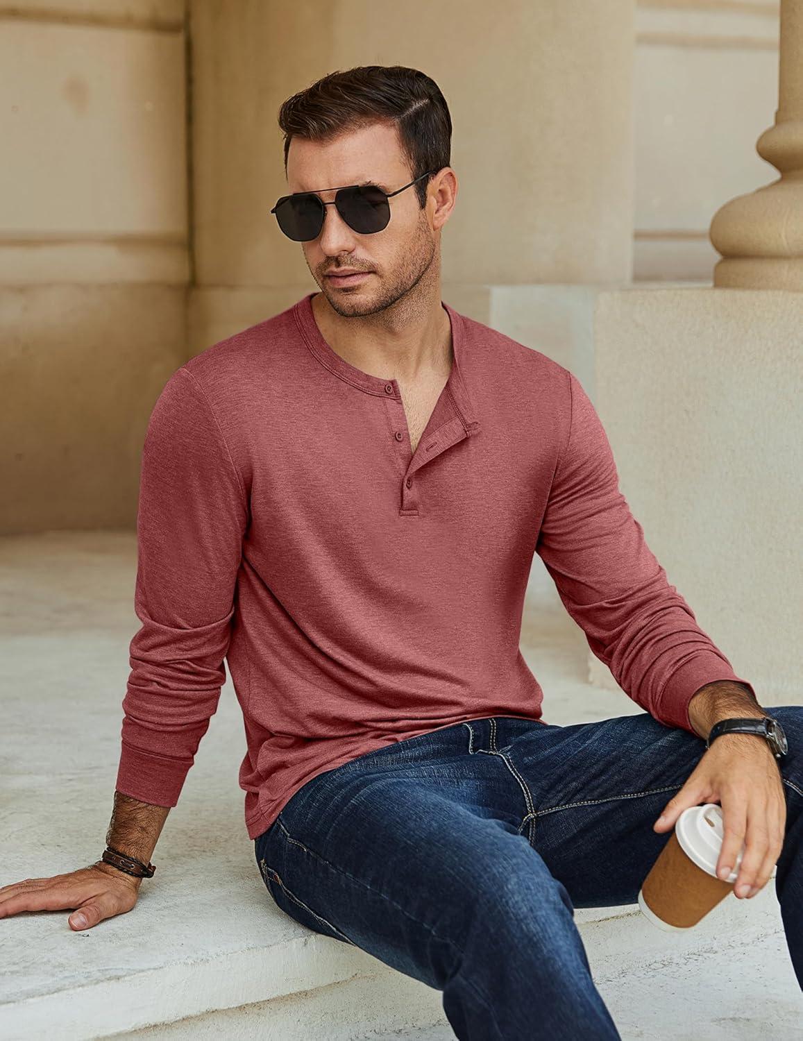 imageCOOFANDY Mens Henley TShirt Long Sleeve Casual Lightweight Pullover Shirts Soft Stretch Basic Tees Fall TopsRed