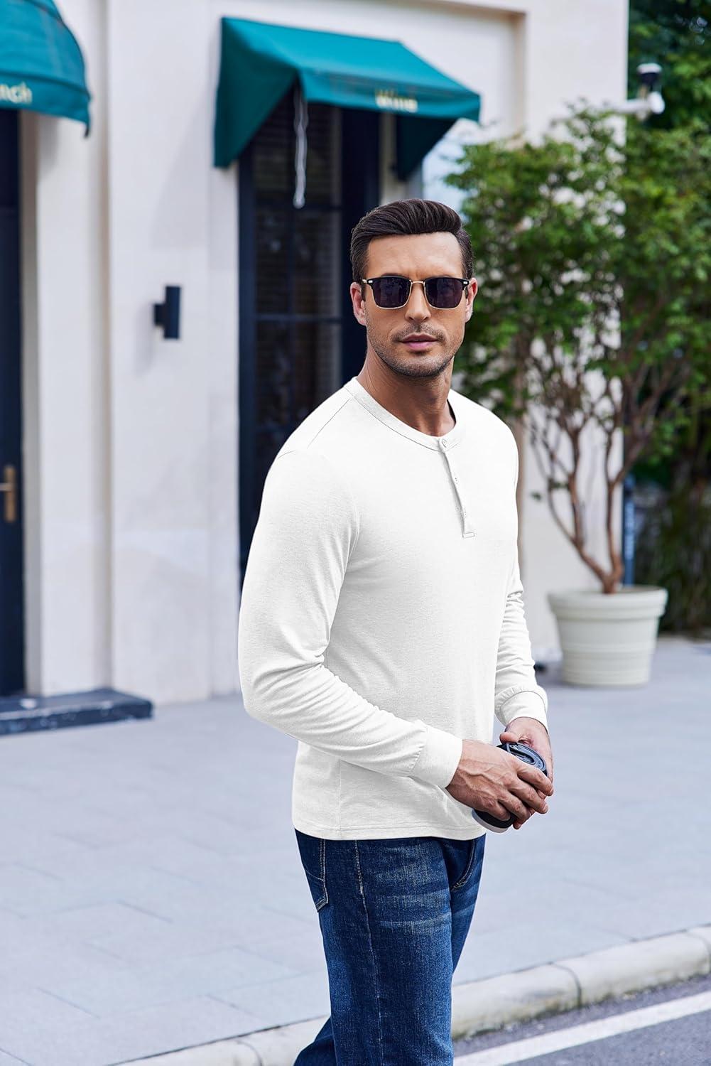 imageCOOFANDY Mens Henley TShirt Long Sleeve Casual Lightweight Pullover Shirts Soft Stretch Basic Tees Fall TopsWhite