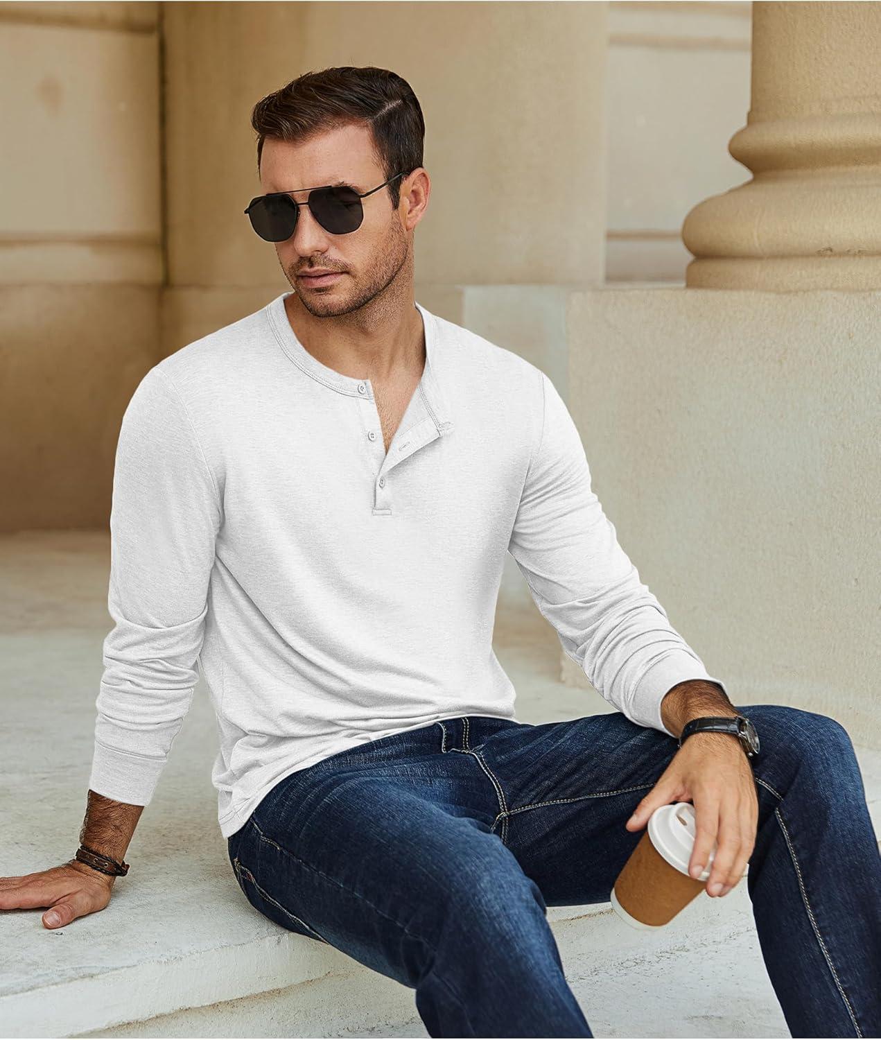 imageCOOFANDY Mens Henley TShirt Long Sleeve Casual Lightweight Pullover Shirts Soft Stretch Basic Tees Fall TopsWhite