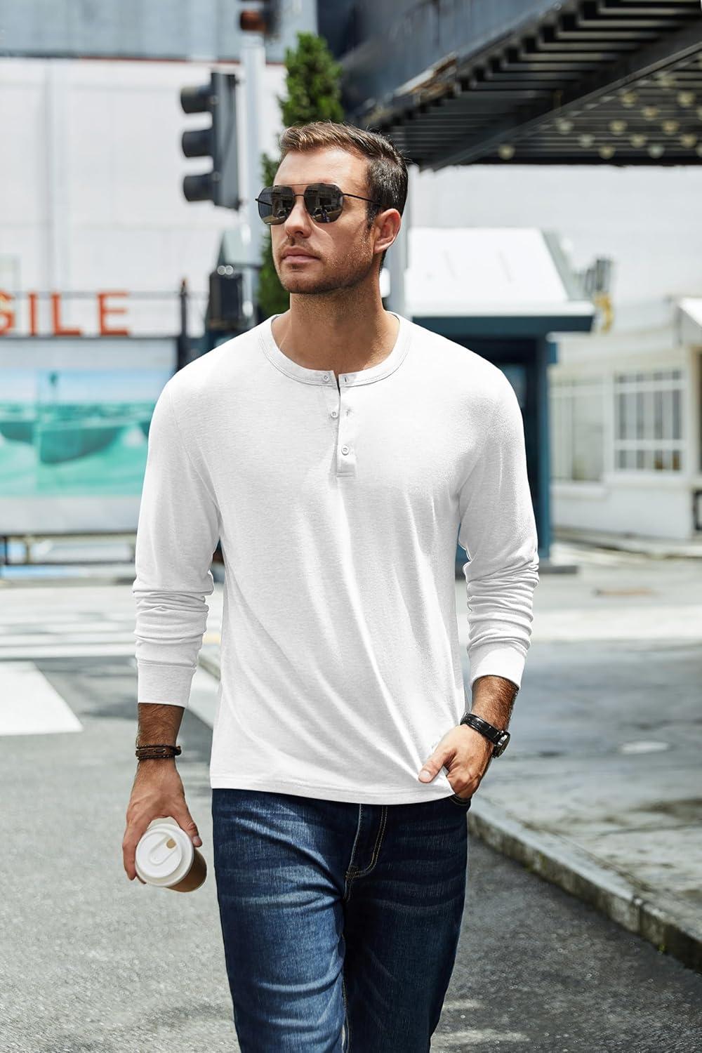 imageCOOFANDY Mens Henley TShirt Long Sleeve Casual Lightweight Pullover Shirts Soft Stretch Basic Tees Fall TopsWhite