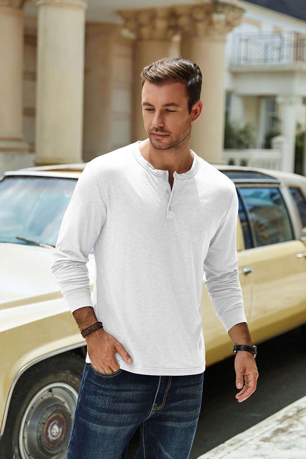 imageCOOFANDY Mens Henley TShirt Long Sleeve Casual Lightweight Pullover Shirts Soft Stretch Basic Tees Fall TopsWhite